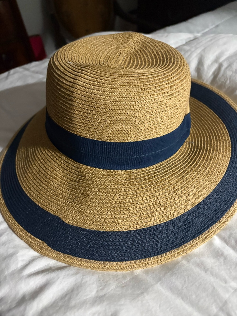 Wide Brim Straw Sun Hat with Navy Band